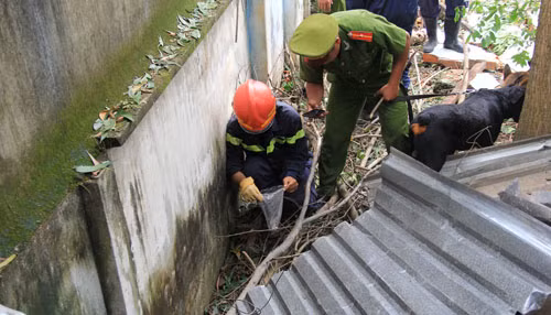 Lực lượng công an cẩn thận thu gom những mẫu tử thi vương vãi xung quanh hiện trường.