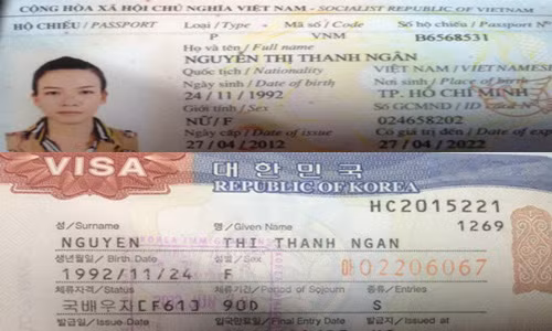Bút tích hộ chiếu và tờ Visa nhập cảnh Hàn Quốc của nạn nhận.