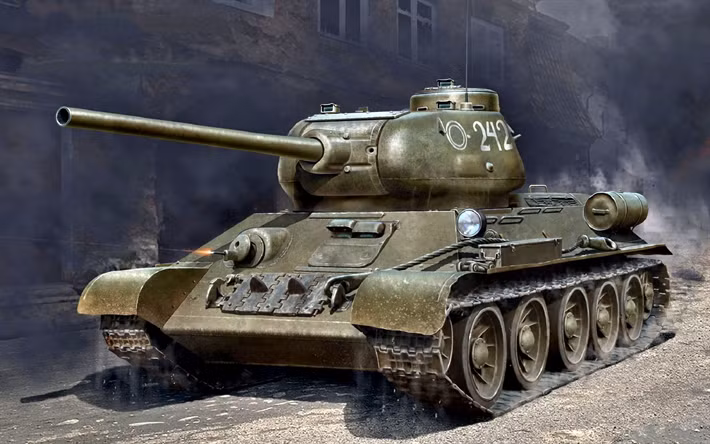  3. Xe tăng T-34. T-34 của Liên Xô được coi là một trong những xe tăng tốt nhất trong Thế chiến II nhờ vào sự kết hợp hoàn hảo giữa khả năng bảo vệ, hỏa lực mạnh và tính linh hoạt cao. Xe tăng này đã góp phần quan trọng trong chiến thắng của Hồng quân, đặc biệt trong các trận đánh khốc liệt ở mặt trận phía Đông. Ảnh: Pinterest.