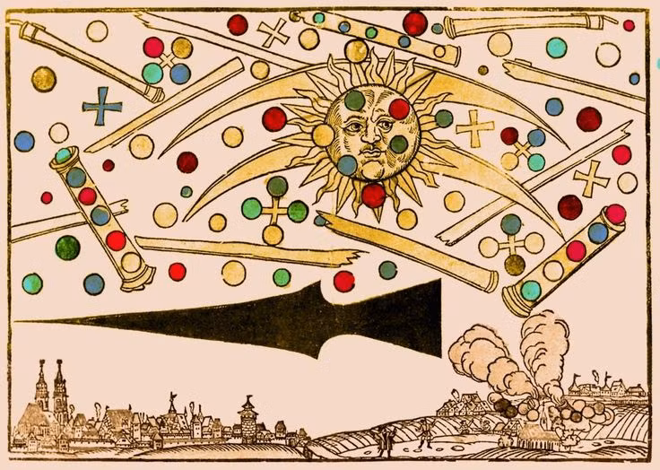  6. “Chiến tranh UFO” ở Nuremberg năm 1561. Năm 1561, tại thành phố Nuremberg, Đức, xảy ra một "cuộc chiến" giữa các vật thể hình tròn và thon dài trên bầu trời. Sự kiện này đã được họa sĩ Hans Glaser ghi lại trong một bản khắc gỗ nổi tiếng. Ảnh: Pinterest.