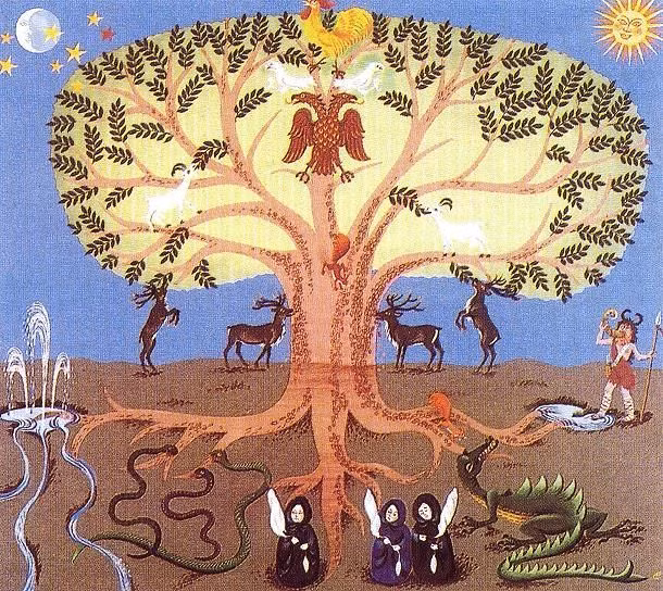 Yggdrasil có ba rễ chính, mỗi rễ dẫn đến một thế giới quan trọng khác nhau: một rễ đến Asgard, một rễ đến Jotunheim, và một rễ đến Niflheim. Ba rễ cũng dẫn đến ba nguồn nước thiêng liêng là Urðarbrunnr, Mímisbrunnr và Hvergelmir. Ảnh: Pinterest.
