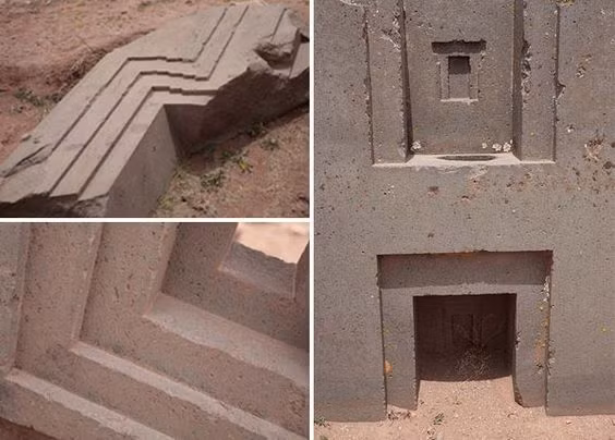  Puma Punku – Bolivia. Puma Punku là nơi có các khối đá được đục đẽo vô cùng chính xác và có hình dạng phức tạp, như thể tạc tác bằng mày. Sự chính xác trong việc cắt đá và lắp ráp khớp các khối đá dẫn đên suy đoán nơi này có thể được xây dựng nhờ công nghệ “không phải của con người”. Ảnh: Pinterest.