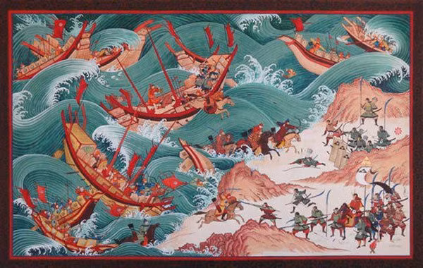  2. Chiến dịch ở Nhật Bản (1274 và 1281). Hốt Tất Liệt, người sáng lập triều đại Nguyên, hai lần phái quân xâm lược Nhật Bản. Trong cả hai lần, các cơn bão lớn (được gọi là "thần phong" - kamikaze) đã phá hủy hạm đội Mông Cổ. Ảnh: Pinterest.