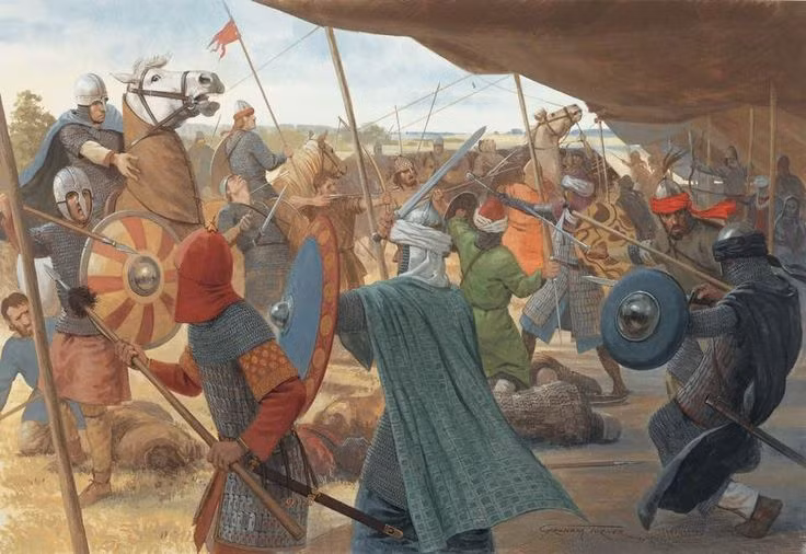 Chiến thuật phòng ngự của người Frank đóng vai trò quyết định. Charles Martel bố trí quân đội của mình thành đội hình kiên cố trên địa hình có lợi, buộc kỵ binh Umayyad phải tấn công trong điều kiện bất lợi. Ảnh: Pinterest.