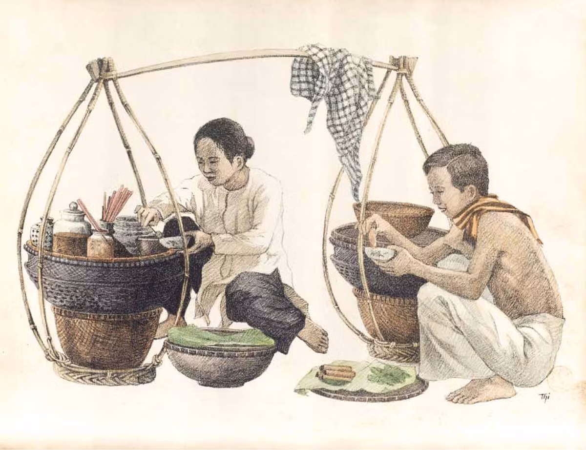 Nếp sinh hoạt của người lao động Sài Gòn xưa phần nào được phản ánh qua bức ký họa gánh hàng di động bán bì cuốn (món ăn gồm bì lợn và thịt lợn thái nhỏ, cùng rau cuốn bánh tráng chấm nước mắm để ăn).