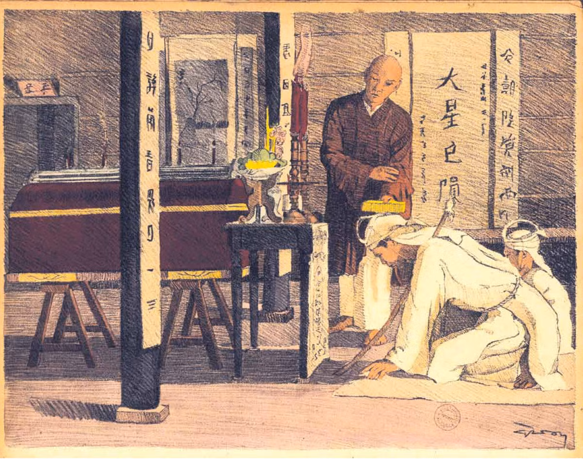 Trong ảnh là bức ký họa cảnh một đám ma. Người con mồ côi mặc chiếc áo vải thô trắng, đeo khăn tang, quỳ trước linh cữu của người đã khuất, trong lúc thầy tụng làm lễ cầu siêu.
