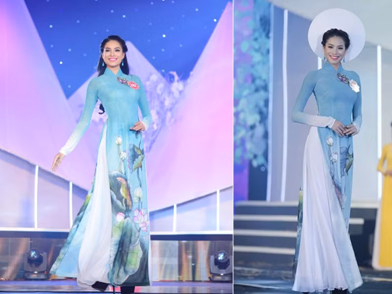 Phạm Hương tỏa sáng trong phần trình diễn trang phục áo dài. Cô cũng là gương mặt khá quen thuộc của giới showbiz Việt.