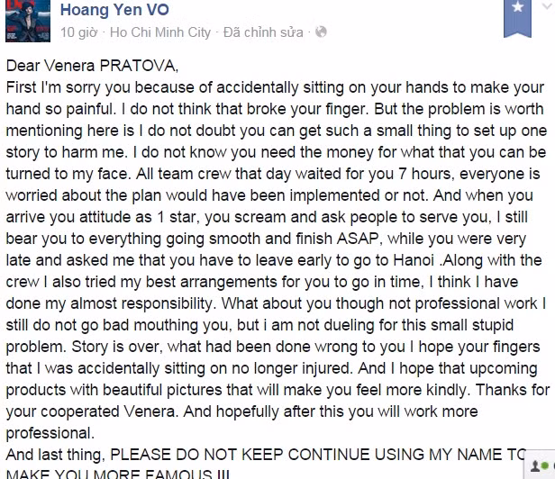 Võ Hoàng Yến lên tiếng về việc làm gãy tay mẫu Tây.