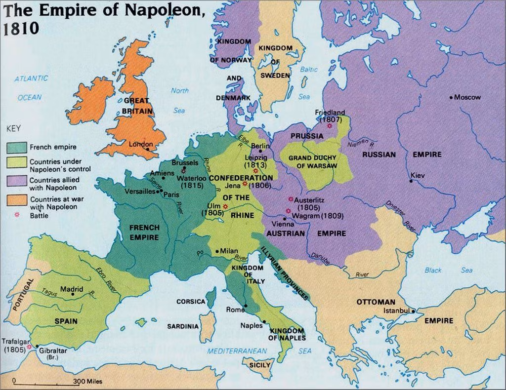 Nước Pháp dưới thời Napoleon đại đế đã trở thành đế quốc chi phối toàn châu Âu. Tuy nhiên, những những tổn thất trên bán đảo Iberia, cuộc chinh phạt thảm họa ở Nga và thất bại trong trận chiến Waterloo khiến Napoleon phải thoái vị, để đế quốc Pháp tan rã.