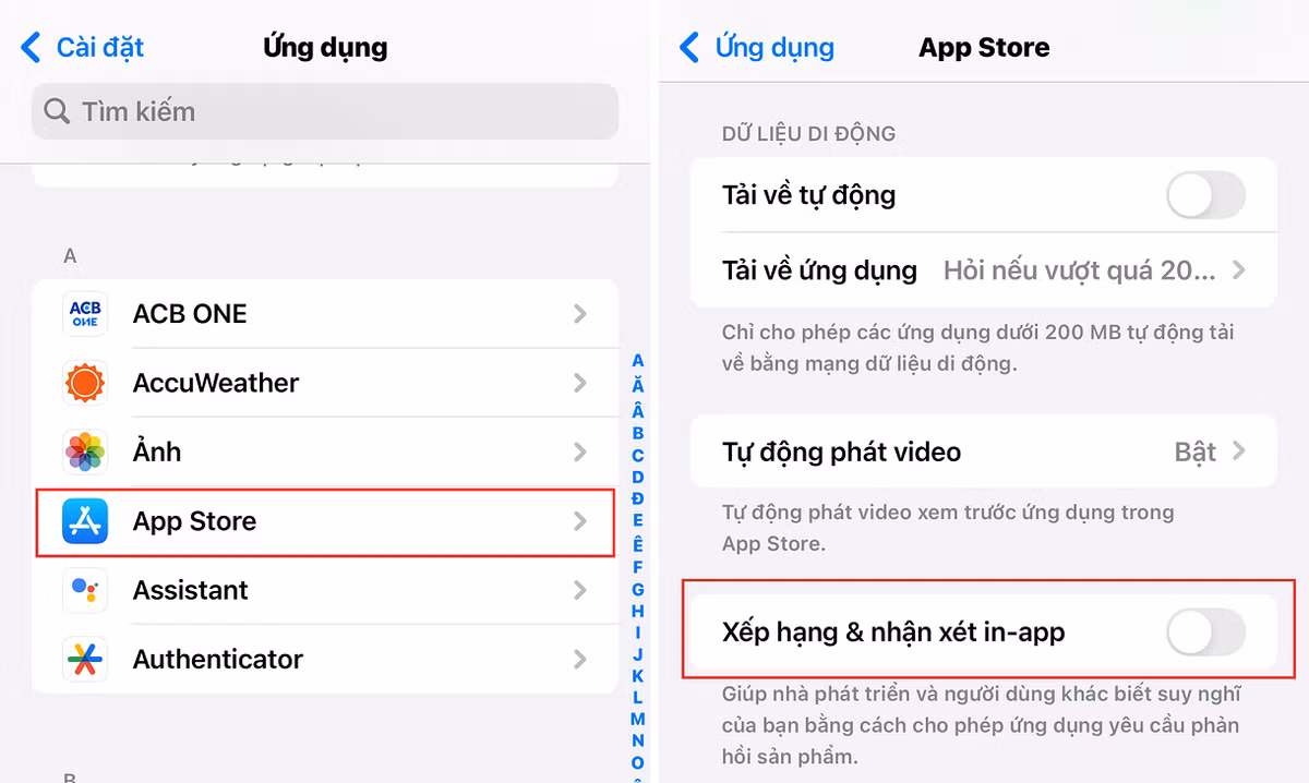 Tắt gợi ý đánh giá ứng dụng Vào Cài đặt > App Store, tắt "Xếp hạng và nhận xét trong ứng dụng" để không bị làm phiền bởi các thông báo yêu cầu đánh giá.