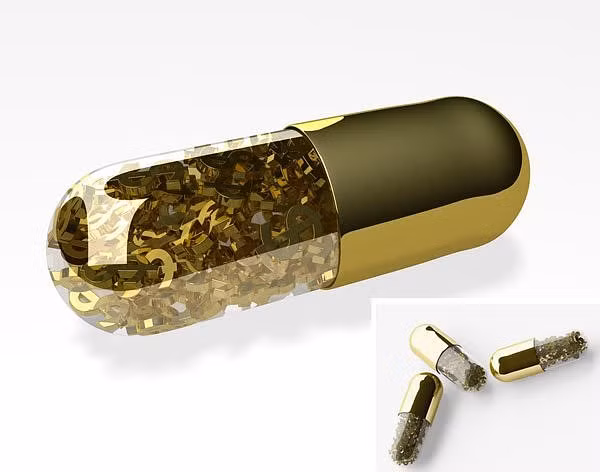 Viên thuốc nhỏ này chứa đầy những miếng vàng 24 carat hình đồng đô la trong đó. Muốn mua được những viên thuốc vàng này, bạn phải bỏ ra 425 USD/viên.