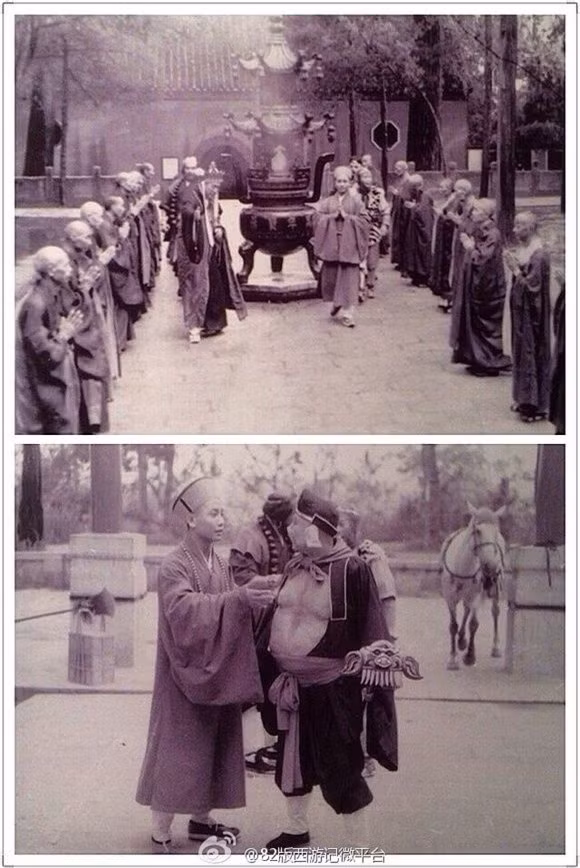 Một cảnh trong tập Trừ yêu Ô Kê quốc quay thử nghiệm, Đường Tăng là Uông Việt (1982).