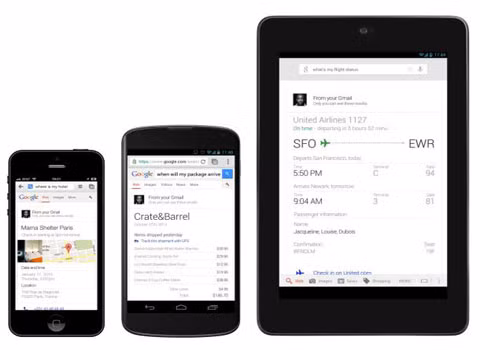 Dùng giọng nói tìm kiếm trên Google Search. Bạn có thể hỏi Google Search những câu hỏi như đã làm trên Google Now. Những thông tin có thể hỏi được là thông tin về chuyến bay, ảnh trên Google+, thông tin về sự kiện trên Google Calendar, thông tin mua bán từ ghi chú chuyển hàng trên Gmail, đặt chỗ nhà hàng…
