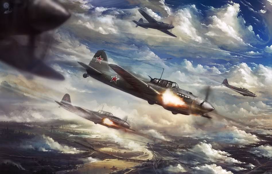 Tranh vẽ phi đội Il-2 thực hiện bổ nhào tấn công.