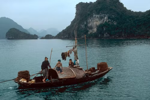Cách Hà Nội khoảng 150 km về phía Đông Bắc, tỉnh Quảng Ninh là nơi có di sản nổi tiếng thế giới Vịnh Hạ Long và cũng là tỉnh có trữ lượng than lớn nhất Việt Nam. Quảng Ninh được ví như một Việt Nam thu nhỏ, vì có cả biển, đảo, đồng bằng, trung du, đồi núi, biên giới. Trong ảnh, thuyền chài trên vịnh Hạ Long, Quảng Ninh năm 1994 đẹp nguyên sơ không từ ngữ nào có thể miêu tả.
