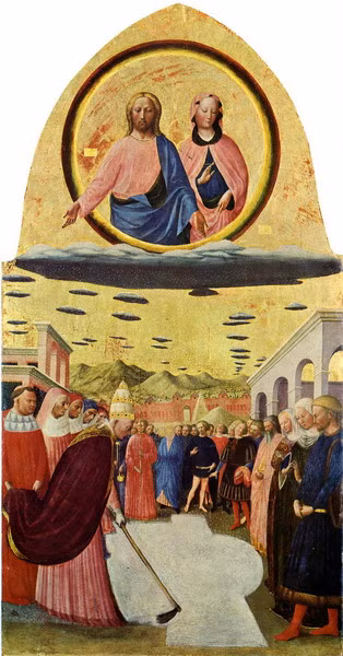 Bức tranh "Phép màu của tuyết" do họa sĩ Masolino Do Panicale (1383-1440) thực hiện mô tả Chúa Giêsu và Đức mẹ Maria xuất hiện trên những đám mây hình đĩa bay. Bức tranh đang treo tại nhà thờ Santa Maria Maggiore, Florence, Italia.