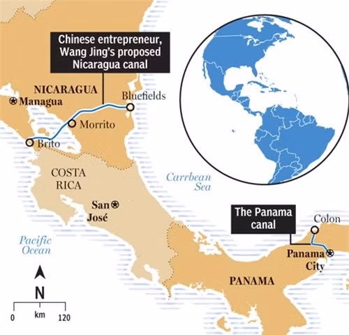 Bản đồ chỉ rõ vị trí của kênh đào Panama và kênh đào Nicarragua.