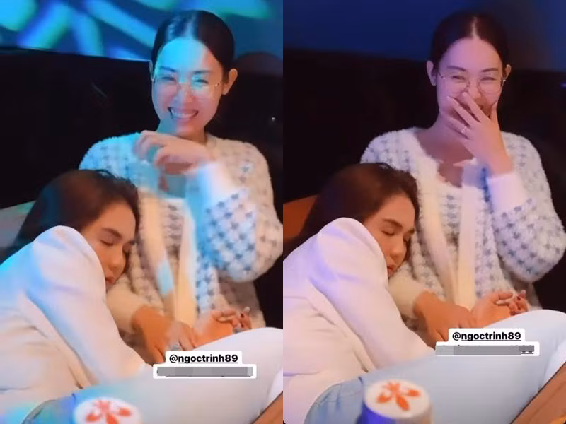 Trong ảnh là khoảnh khắc chân dài Trà Vinh "đánh chén" cùng hội bạn thân. Việc nhậu quá sung đã khiến Ngọc Trinh say bí tỉ, thậm chí gục ngủ trên người bạn.