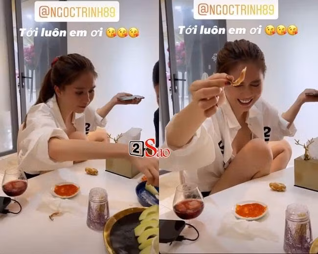 Ngoài sở thích ăn hàng, Ngọc Trinh có thú vui nhậu nhẹt. Cô và hội bạn thường xuyên tụ tập, từ tại gia, quán bar tới hè phố. Cảnh Ngọc Trinh vui hết mình trong bữa tiệc tại gia.