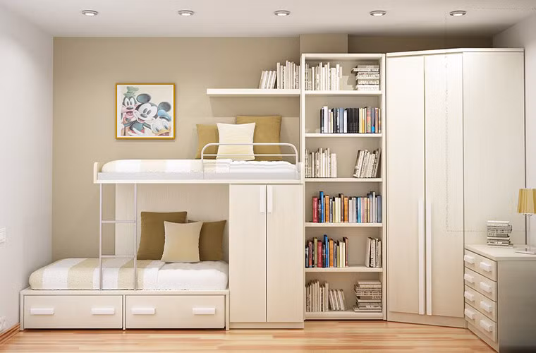 Trong thời buổi mà khoảng trống không gian và chi phí là điều đáng lưu tâm thì đây có lẽ là một giải pháp tốt cho căn phòng của bé.