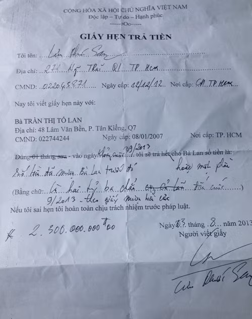 "Giấy hẹn trả tiền" được cho là của Lưu Phước Sang viết cho chị Trần Thị Tố Loan