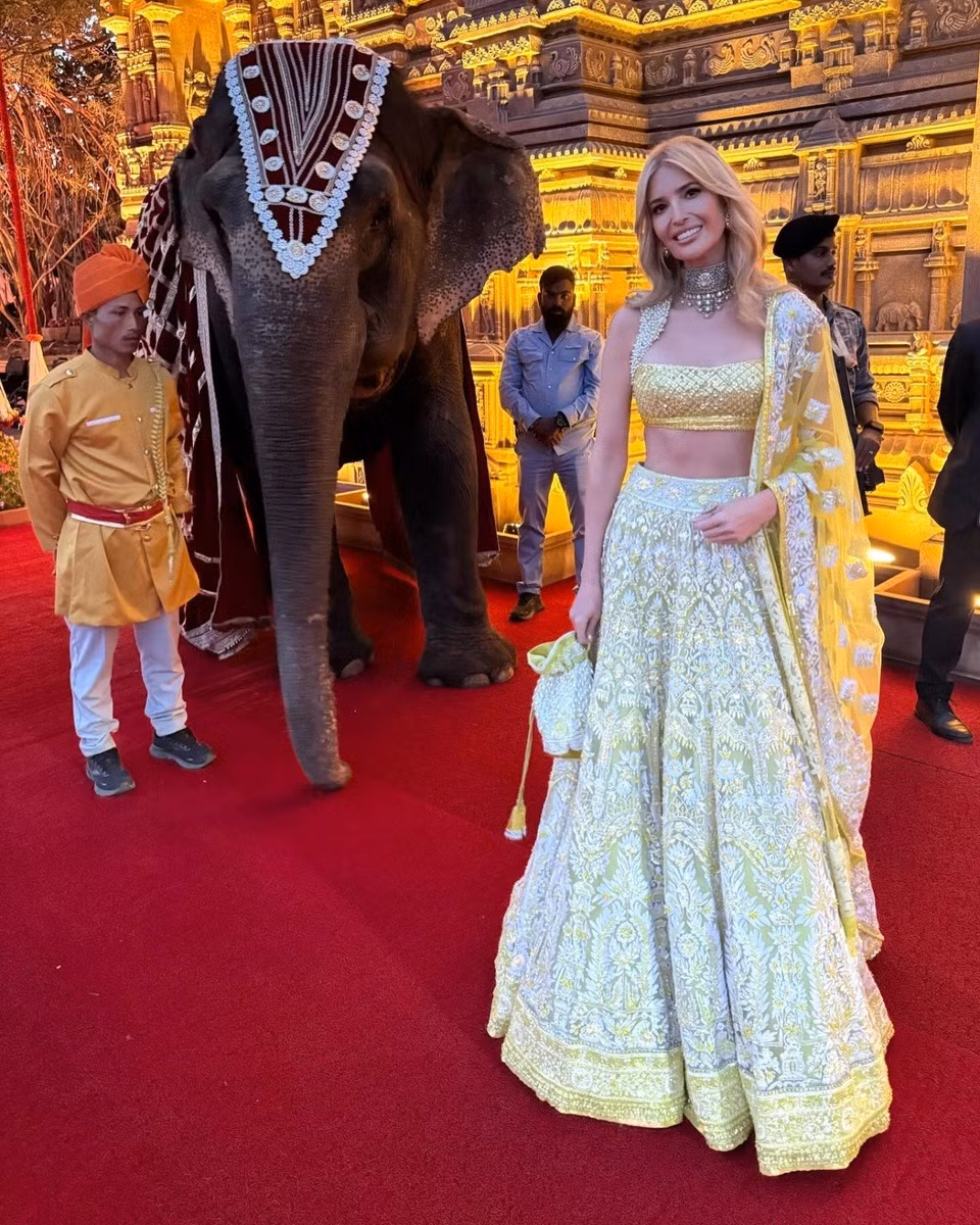 Ivanka diện bộ saree vàng lấp lánh, thêu hoa văn theo truyền thống Ấn Độ. Cô kết hợp nhiều trang sức và túi xách ton-sur-ton cho đêm thứ 3 của tiệc. Trong khi chồng ăn mặc đơn giản, Ivanka liên tục lựa chọn thiết kế nhiều họa tiết.