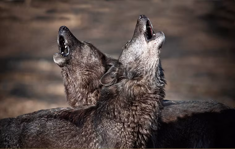 Hai con chó sói xám cất tiếng hú để gọi bầy đàn.