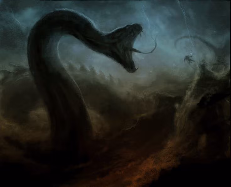  5. Sức mạnh và độc tố của Jörmungandr. Jörmungandr sở hữu nọc độc chết người và sức mạnh to lớn. Nó là một trong những sinh vật mạnh nhất trong thần thoại Bắc Âu, với khả năng gây ra sự tàn phá khủng khiếp. Ảnh: Pinterest.