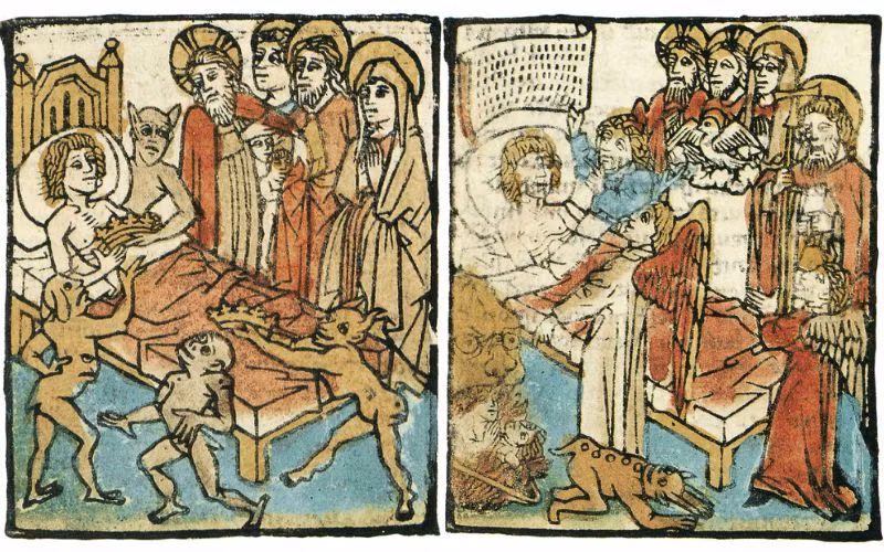  13. Cầu nối giữa sống và chết. “Ars Moriendi” nhấn mạnh rằng cái chết không phải là kết thúc, mà là cầu nối dẫn đến cuộc sống đời đời, miễn là người sắp chết giữ được niềm tin vào Chúa. Ảnh: Pinterest.