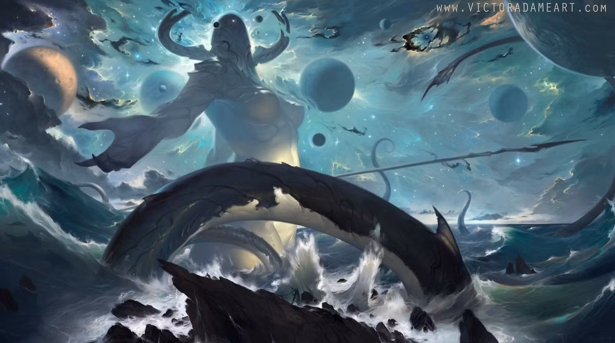  4. Marduk và sự hủy diệt Tiamat. Trong câu chuyện, Tiamat đã chiến đấu với Marduk, vị thần của bầu trời, sau khi cô tạo ra một đội quân quái vật để chống lại các vị thần khác. Marduk đã chiến thắng Tiamat trong trận chiến huyền thoại và phân chia cơ thể của cô để tạo ra thế giới: nửa trên trở thành bầu trời, nửa dưới trở thành đại dương. Ảnh: Pinterest.