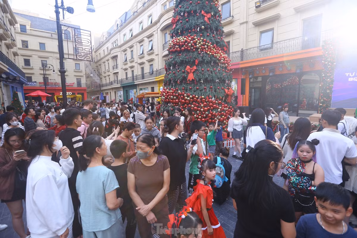 Khu vực trung tâm nơi có cây thông Noel đông đúc, chật kín người vây quanh.
