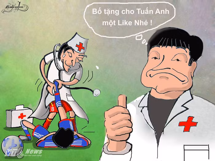 Hình ảnh được vẽ lại từ hành động giúp cầu thủ U19 Nhật Bản căng cơ của Tuấn Anh sau khi cầu thủ này bị chuột rút. Tuấn Anh vốn là con nhà bác sĩ nên cũng có tí nghề của bố. (Tranh An Thắng).
