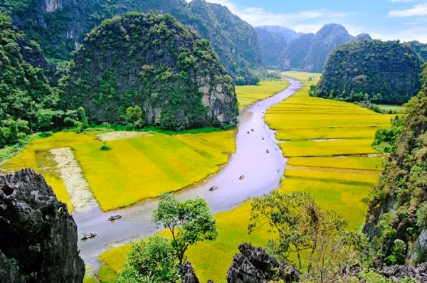 Thời gian đẹp nhất để đi phượt và chụp ảnh ở Tam Cốc - Bích Động chỉ kéo từ cuối tháng 5 đến đầu tháng 6, trong khoảng 2 tuần, khi những ruộng lúa xanh xen lẫn ruộng lúa chín vàng, chỗ đang gặt, chỗ chưa, tạo nên những mảng màu tuyệt đẹp.