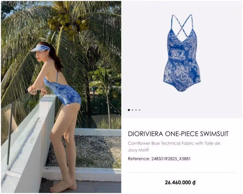 Cô chính thức là khách hàng Vip của nhà mốt này khi đến áo tắm cũng phải Dior mới chịu. Bà mẹ một con khoe dáng nuột nà với swimsuit họa tiết giá 26,5 triệu đồng.