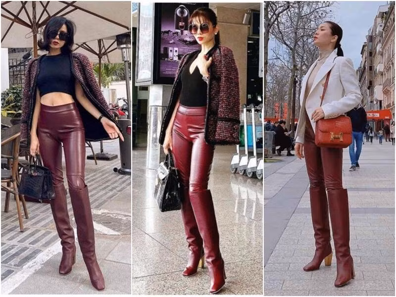 Sự kết hợp giữa quần da đỏ và boots cùng tông được nữ ca sĩ mang đi muôn nơi. Thậm chí áo khoác ngoài, áo mặc trong, túi xách, kính mắt đôi khi gần giống hệt.
