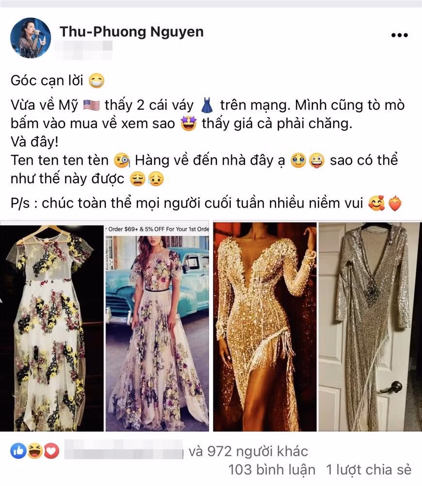 Ca sĩ Thu Phương chia sẻ về việc mua hai chiếc váy trên mạng và cái kết khiến cô cười ngất. "Góc cạn lời. Vừa về Mỹ, thấy 2 cái váy trên mạng. Mình cũng tò mò bấm vào mua về xem sao, thấy giá cả phải chăng. Và đây! Ten ten ten tèn, hàng về đến nhà đây ạ, sao có thể như thế này được. Chúc toàn thể mọi người cuối tuần nhiều niềm vui", cô chia sẻ.