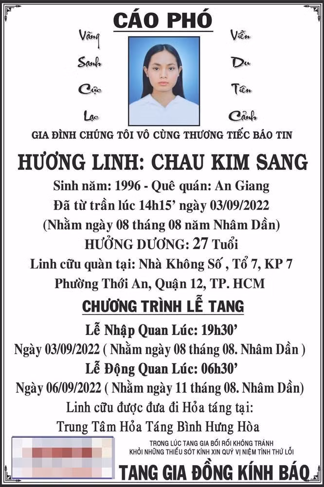 Cáo phó tang lễ cố người mẫu Châu Kim Sang. Châu Kim Sang sinh năm 1996, là gương mặt được chú ý trong cộng đồng LGBT. Cô từng thử sức tại 2 mùa giải Đại Sứ Hoàn Mỹ - Miss International Queen Vietnam (hay còn gọi Hoa hậu Chuyển giới Việt Nam). Tại mùa giải thứ 2 vào năm 2020, người đẹp 9X là thí sinh của team Minh Tú, dừng chân ở top 15 chung cuộc.