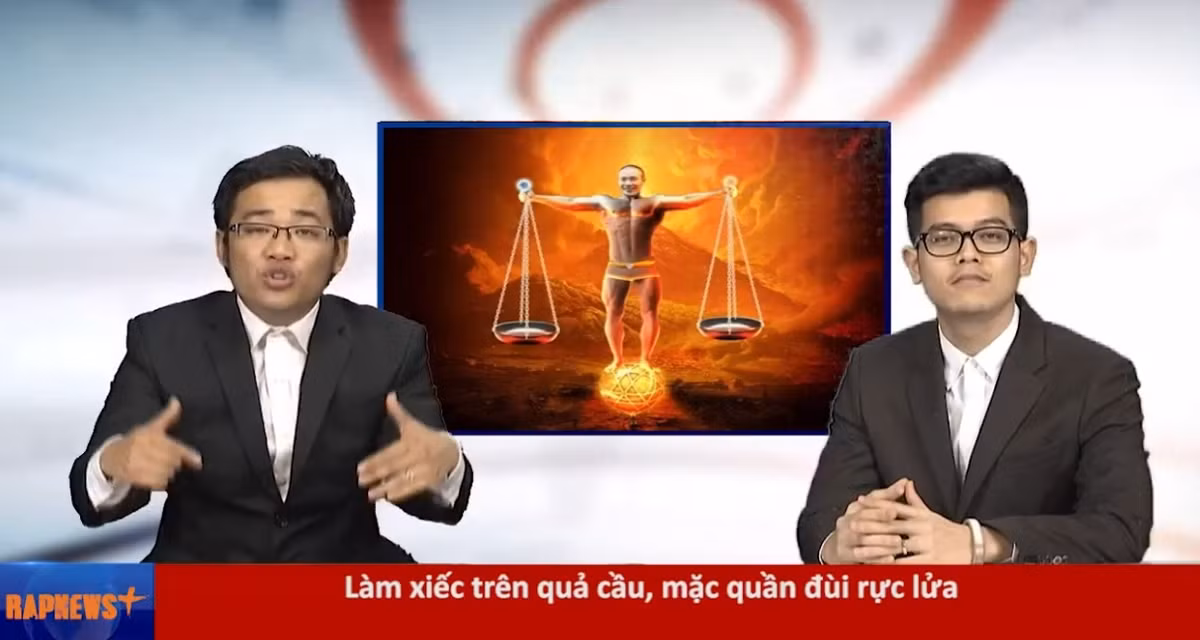 Hình ảnh "Công Lý làm xiếc trên quả cầu, mặc quần đùi rực lửa" trong bản tin Rap News 25.
