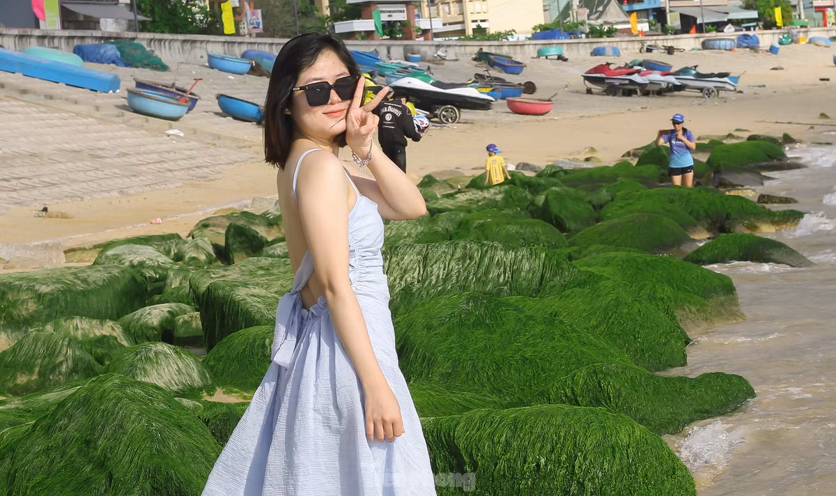 Đang "thả dáng" bên bãi đá rêu xanh mướt, bạn Nguyễn Thị Ái Nhi (26 tuổi, huyện Tuy Phước) chia sẻ, thông qua mạng xã hội nên biết đến bãi đá này, thấy đẹp quá nên tranh thủ qua chụp vài kiểu ảnh để lưu niệm. Ảnh: Trương Định