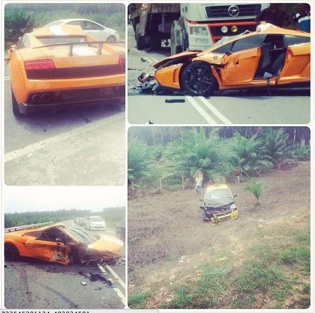 Hiện trường vụ tai nạn. Chiếc Lamborghini vỡ nát phần mũi xe còn chiếc taxi lao xuống vực.