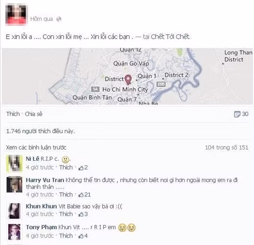 Cô gái có nick name V.B này quê ở Bảo Lộc, Lâm Đồng. Cô mới chuyển ra Sài Gòn học tiếng Anh và buôn bán mỹ phẩm. Cái chết của cô gây xôn xao cộng đồng mạng, nhiều ý kiến trách cô gái quá dại dột, suy nghĩ nông nổi, để lại nỗi đau lớn cho những người ở lại.