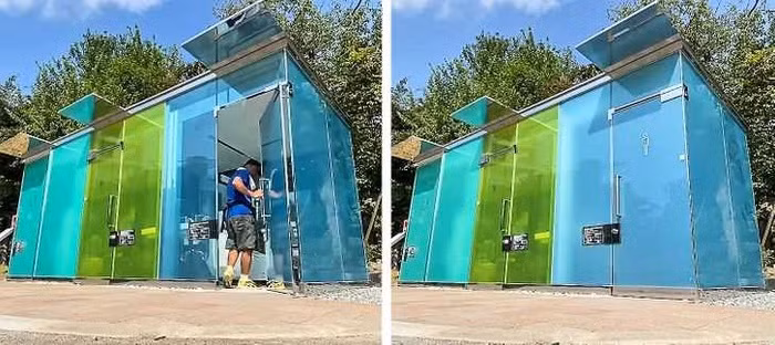 Các nhà vệ sinh công cộng ở đây có tường trong suốt. Nhưng chúng sẽ mờ khi có ai vào bên trong.