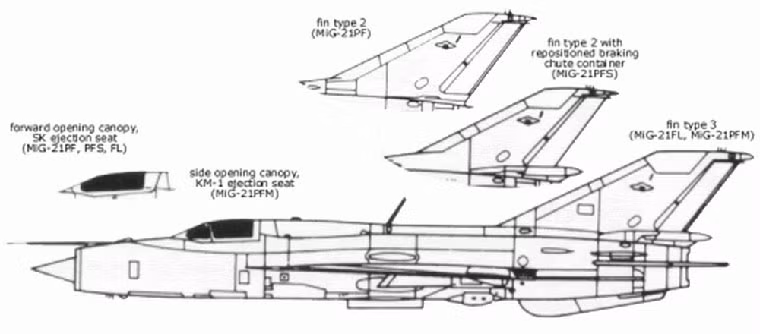 Điểm khác biệt của thế hệ MiG-21 thứ hai với thế hệ thứ nhất là mũi và sống lưng to hơn, đuôi đứng được thiết kế lại, gắn thêm bộ phận chứa dù phía sau ngay trên động cơ (Mig-21 PFS/PFM). Cửa buồng lái gồm 2 loại khác nhau, mở về trước (MiG-21PF, MiG-21FL, MiG-21PFS) và mở qua bên (MiG-21PFM).