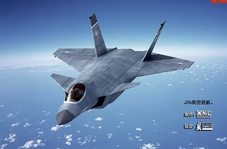 Ảnh đồ họa J-26 bay tuần tra. Không khó để nhận ra rằng kiểu dáng J-26 có nhiều nét giống với tiêm kích F-35 của Mỹ.