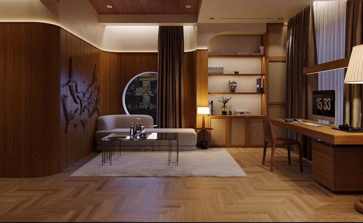 Phòng ngủ master có diện tích rất rộng, tích hợp bàn làm việc, ghế sofa và một phòng thay đồ lớn.