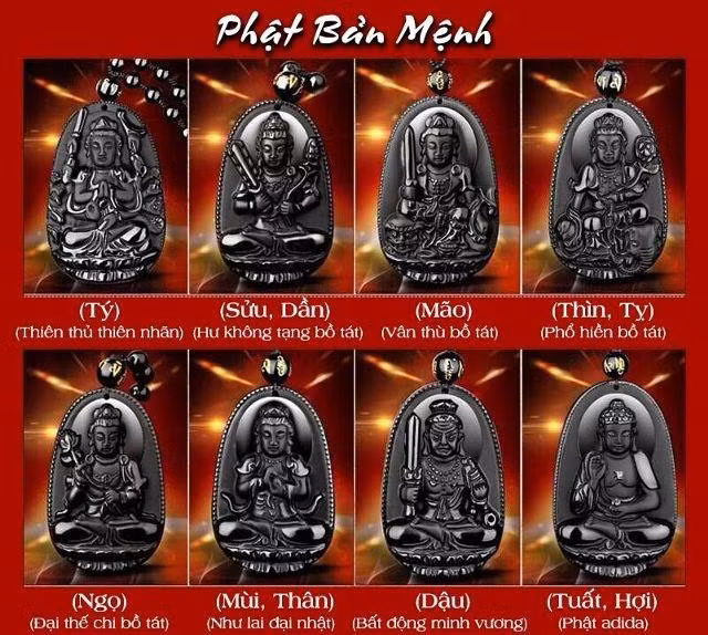 Tuổi Tý: Quan Âm nghìn mắt nghìn tay. Tuổi Sửu, tuổi Dần: Hư Không Tạng Bồ Tát. Tuổi Mão: Văn Thù Bồ Tát. Tuổi Thìn, tuổi Tị: Phổ Hiền Bồ Tát. Tuổi Ngọ: Đại Thế Chí Bồ Tát. Tuổi Mùi, tuổi Thân: Đại Nhật Như Lai. Tuổi Dậu: Bất Động Minh Vương. Tuổi Tuất, tuổi Hợi: Phật A di đà. Đặc biệt trong tháng cô hồn thì Phật bản mệnh càng phát huy tốt tác dụng giúp chủ nhân gặp dữ hóa lành, gặp hung hóa cát, tai qua nạn khỏi. * Thông tin chỉ mang tính chất tham khảo, chiêm nghiệm