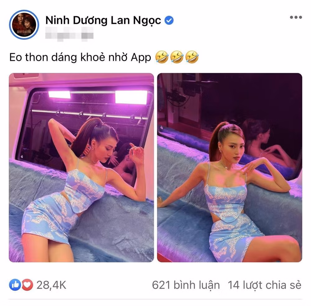 Không chỉ sở hữu nhan sắc xinh đẹp, Ninh Dương Lan Ngọc còn được yêu thích bởi tính cách lầy lội. Những lần cập nhật ảnh mới, nữ diễn viên sinh năm 1990 đều khiến công chúng xuýt xoa trước vẻ ngoài nuột nà. Song khác với nhiều người che giấu chẳng được, Lan Ngọc lại thích tự "khui" bí kíp sống ảo của mình đó là photoshop và muôn kiểu app chỉnh hình. Như loạt ảnh mới đây nhất của cô nàng là một ví dụ. "Eo thon dáng khỏe nhờ app", Lan Ngọc tuyên bố