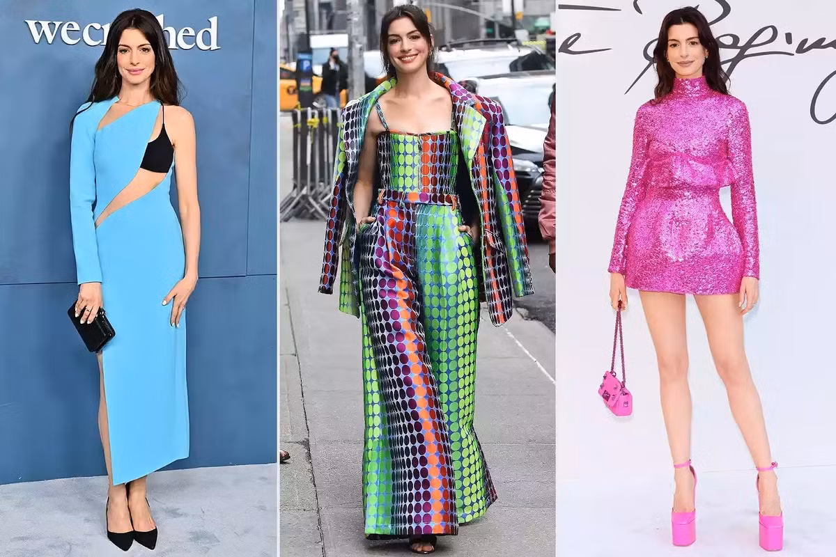"Người phụ nữ thời Phục Hưng" là cụm từ People miêu tả về Anne Hathaway trong năm nay. Với sự hỗ trợ của nhà tạo mẫu Erin Walsh, ngôi sao We Crashed có cuộc dạo chơi màu sắc đầy mãn nhãn. Ngay cả những gam màu khó nhằn như hồng, tím, xanh lam... cũng không làm khó được cô. Minh tinh kết hợp ăn ý hoa văn đậm với những kiểu đồ màu nổi cho sự kiện ngoài trời.