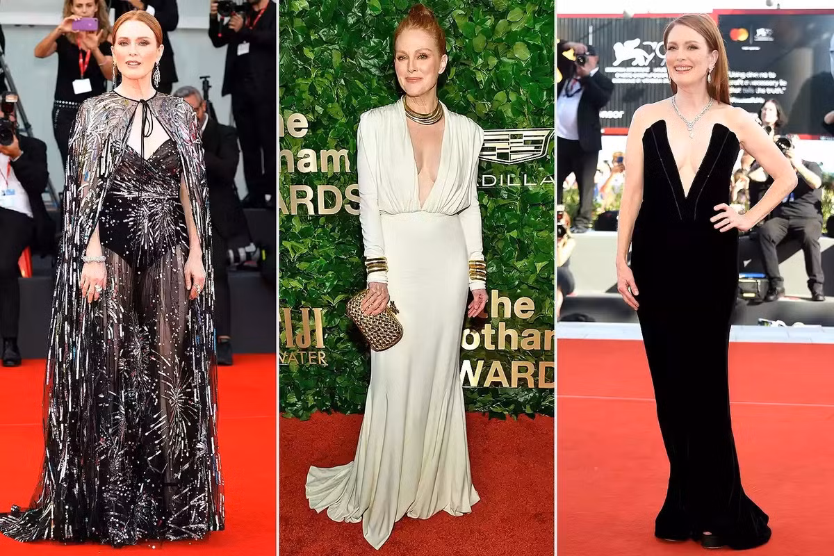 Đây là lần thứ 3 Julianne Moore góp mặt trong bình chọn sao mặc đẹp của tạp chí Mỹ. Tại Liên hoan phim Venice hồi tháng 7, nữ giám khảo quyền lực toát lên vẻ sang trọng khi diện bộ váy Valentino xuyên thấu đính sequin, tiếp theo đó là 2 mẫu váy cổ chữ V khoét sâu được tạo điểm nhấn bằng trang sức hiệu Sidney Garber.
