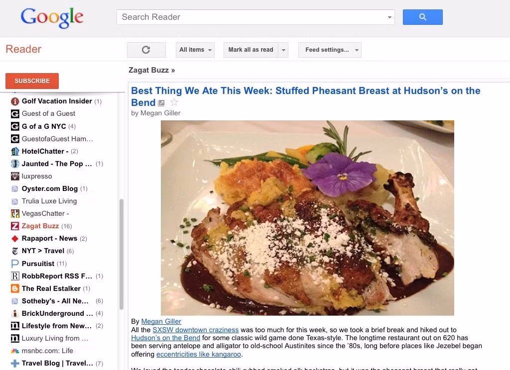 Google Reader là một trong các dịch vụ đọc tin tức nổi tiếng nhất và ra đời sớm nhất. Nó bị kết liễu vào năm 2013 do Google cho rằng không có nhiều người sử dụng. Thực sự, cái chết của Google Reader gây thương nhớ cho không ít người.